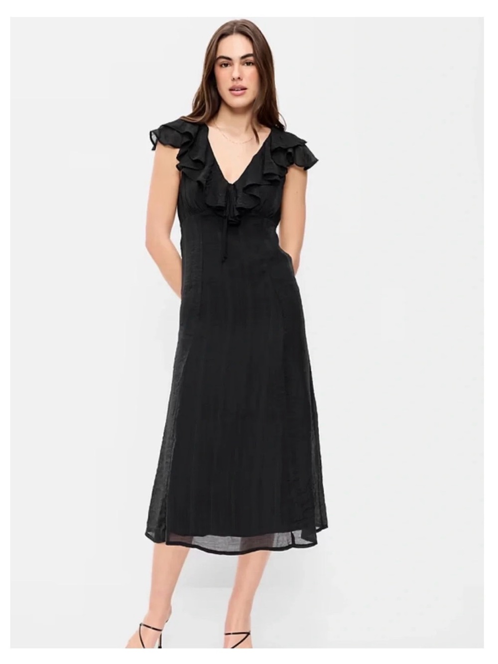 NWT - OldNavy Black Ruffle V-Neck Midi Dress. Ruffle-Sleeve Fit&Flare Small Tall